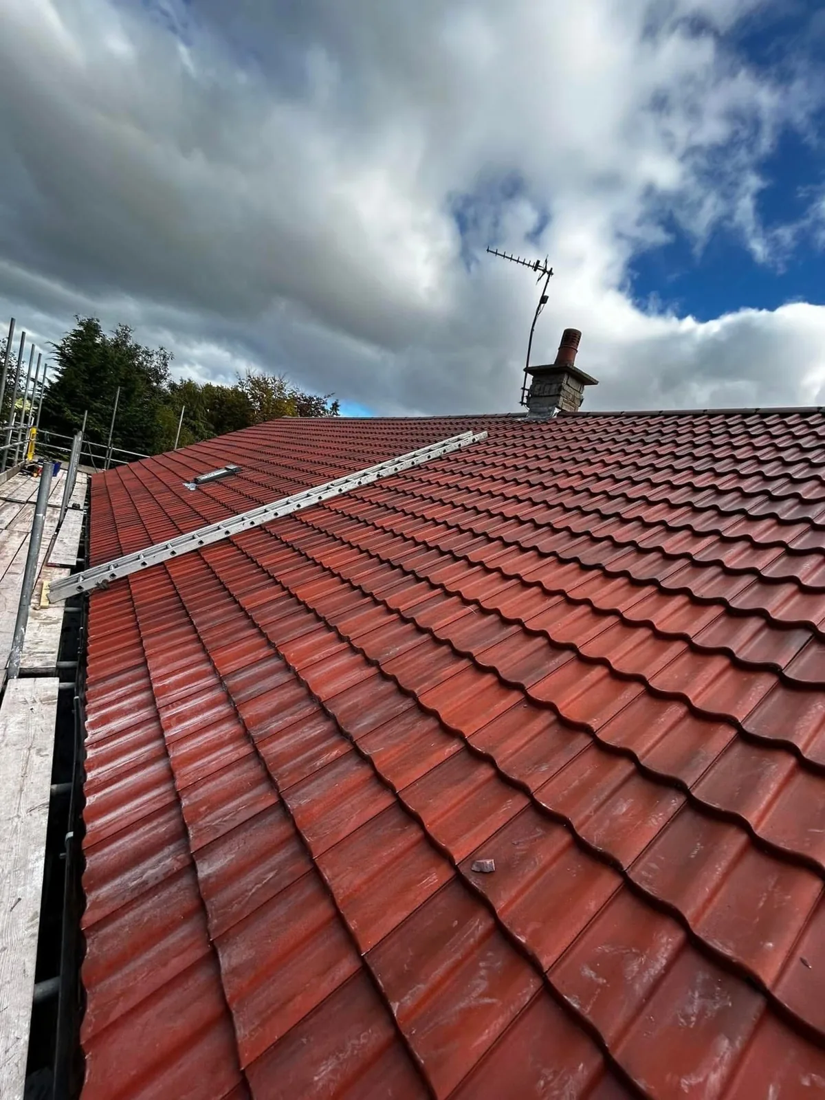 Red concrete tiled roof with ridge tiles